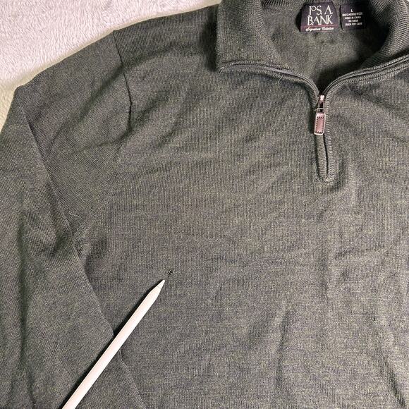 Jos A Bank Signature 1/4 Zip Sweater Mens Large Green 100% Merino Wool Pullover - Picture 4 of 9